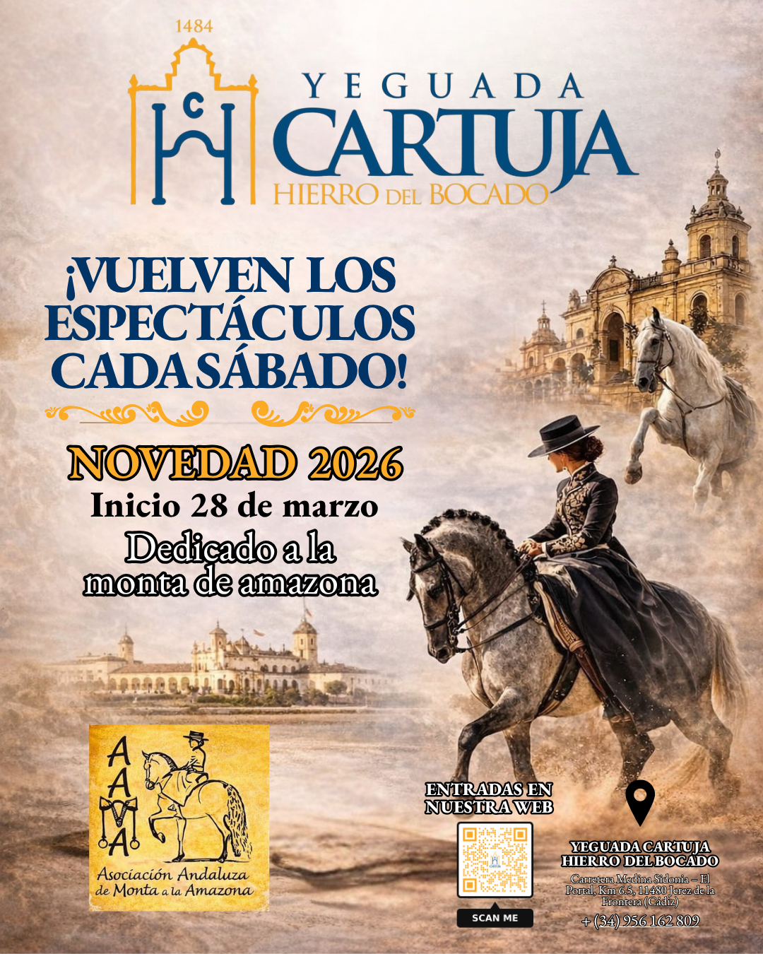 Cartel del espectáculo ecuestre de la Yeguada Cartuja Hierro del Bocado en Jerez con caballos en pista y anuncio de nueva temporada